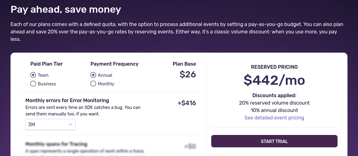 Price selection in Sentry's pricing page.