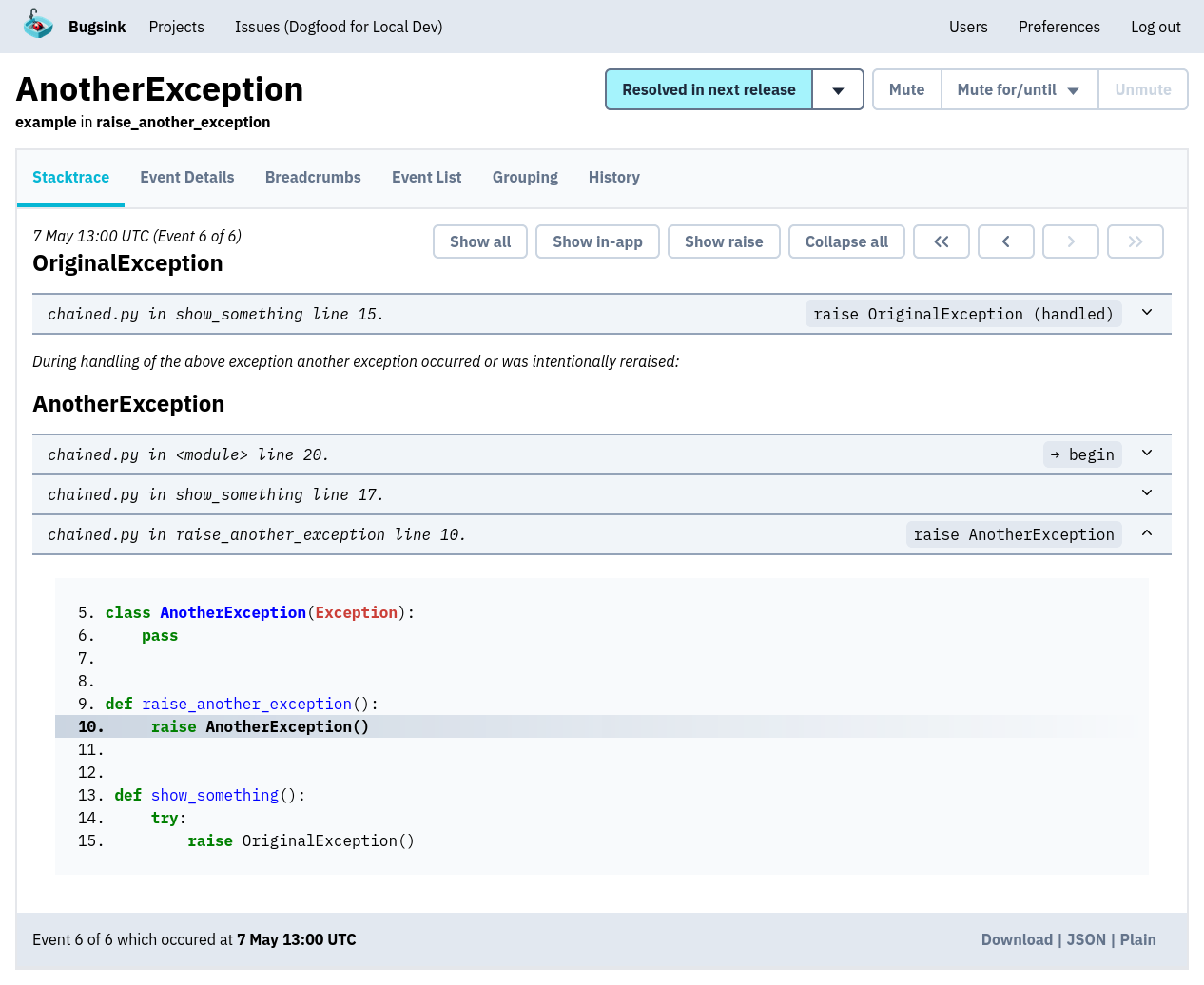 Chained Exception in Bugsink