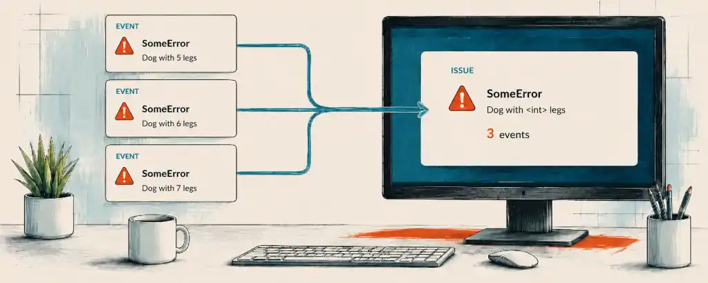 Three error events with changing values grouped into one Bugsink issue