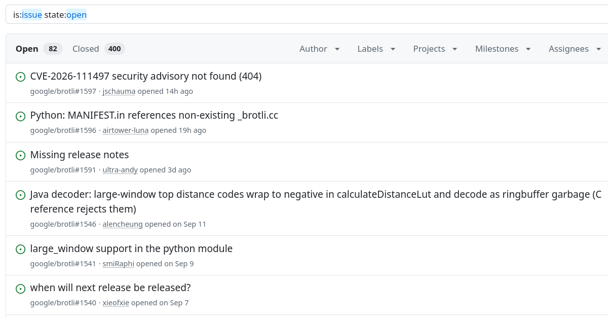 Open issues in the Google Brotli repository