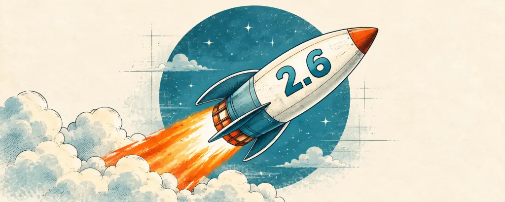 A rocket marked 2.6 launching into a teal sky