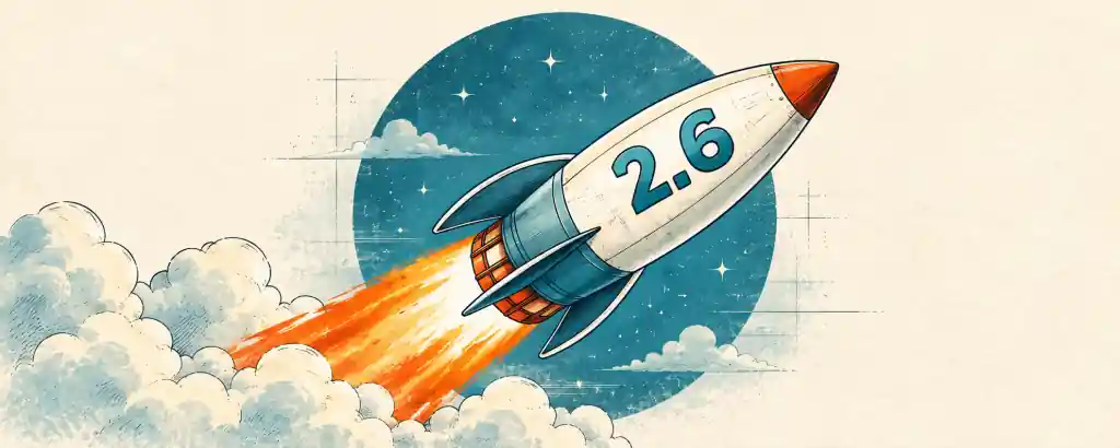 A rocket marked 2.6 launching into a teal sky