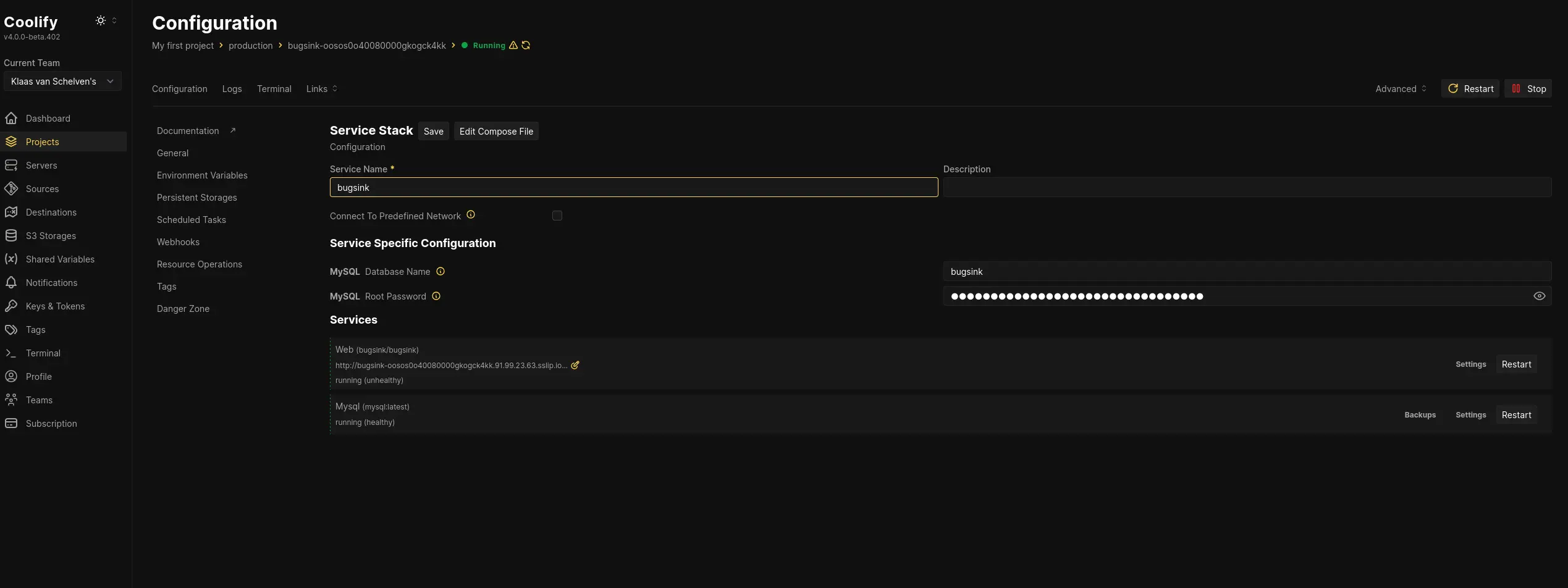Configuring Bugsink in Coolify