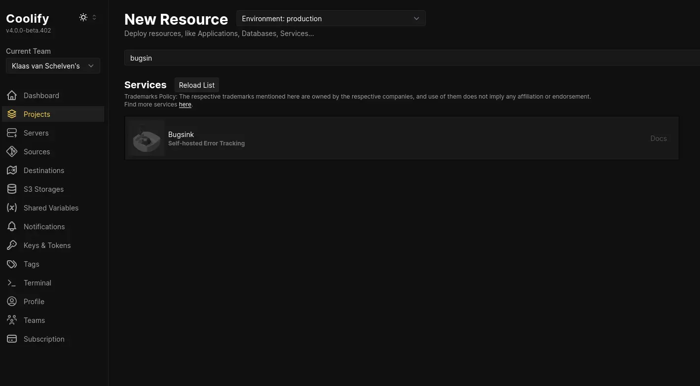 Selecting Bugsink from the list of 'resources' in Coolify