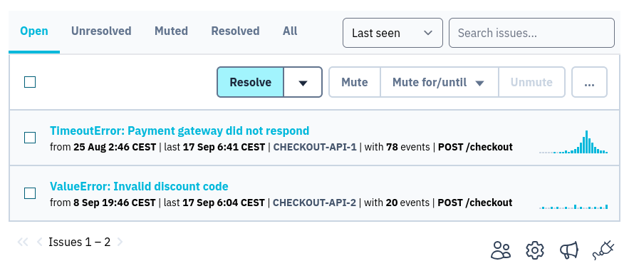 The Checkout API issue list with state filters, bulk actions, search, event counts, and 24-hour trends