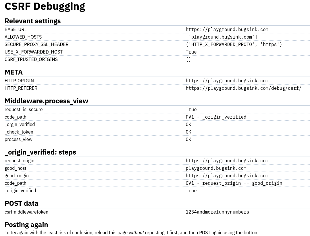 CSRF Debug Screen
