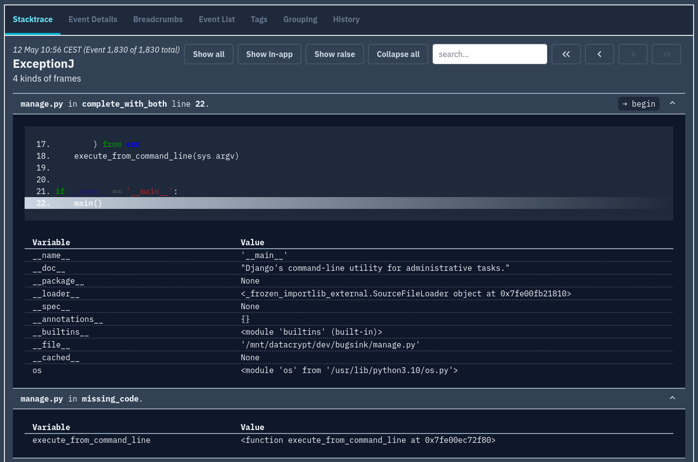 Bugsink dark mode screenshot