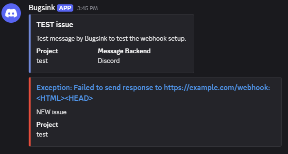 Bugsink test and issue alerts delivered in Discord