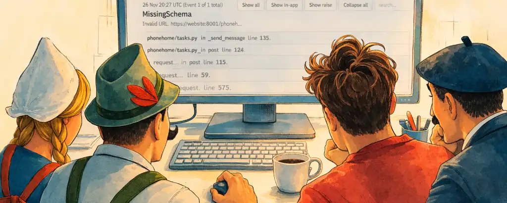 Four stereotypical Europeans debugging together