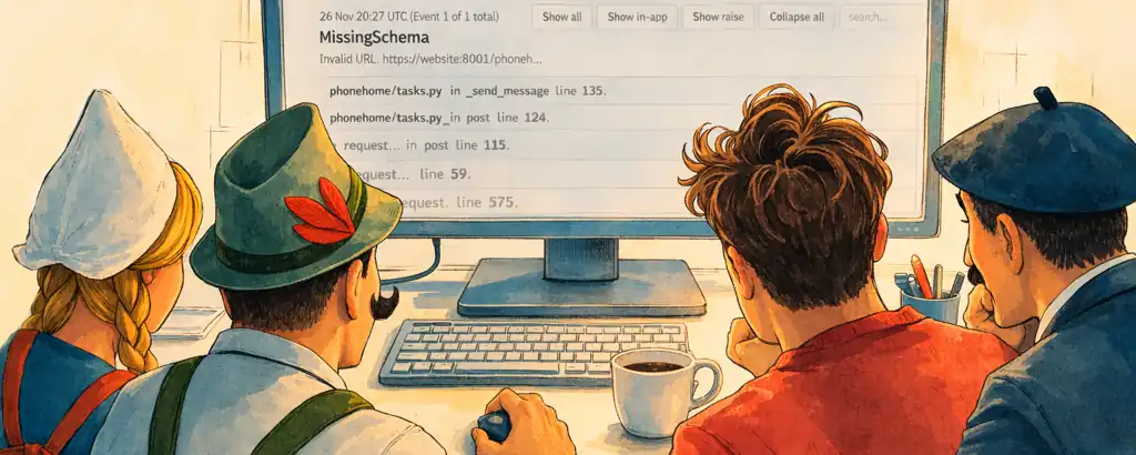 Four stereotypical Europeans debugging together