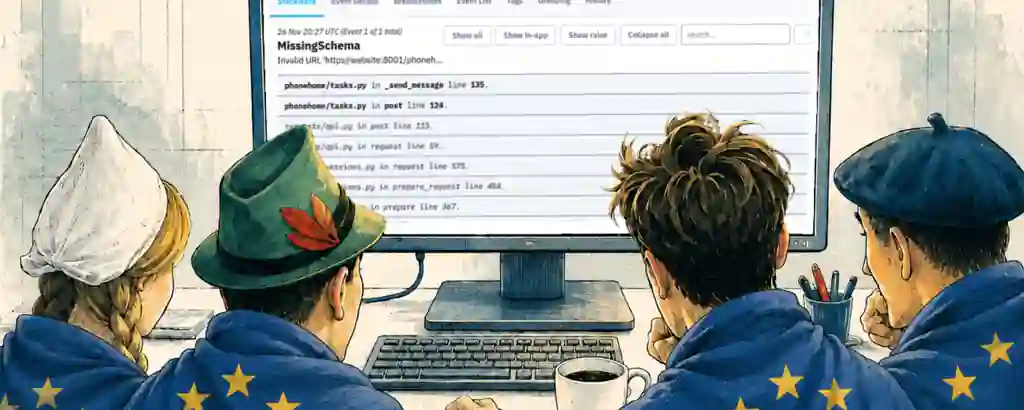Four stereotypical Europeans debugging together