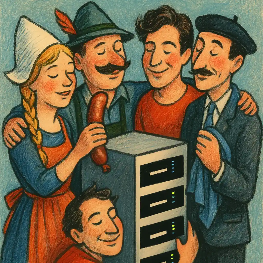 5 stereotypical Europeans around a server