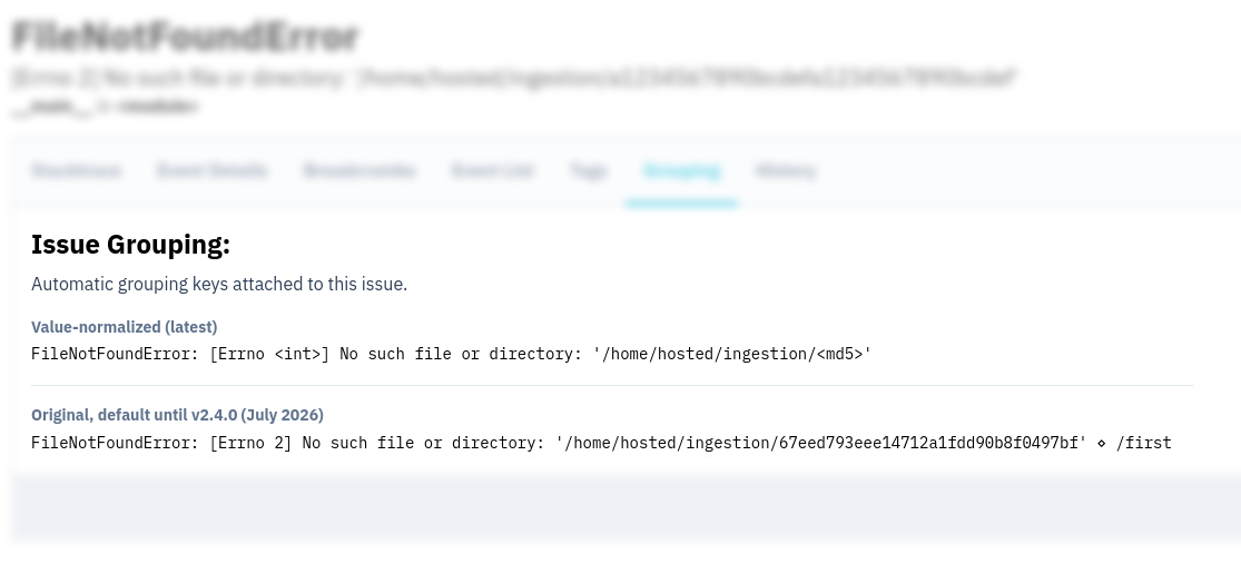 A Bugsink issue with value-normalized and original grouping keys