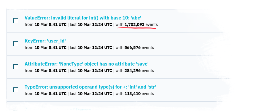 Bugsink's issue grouping interface; highlighted: an event counter well over a 1M