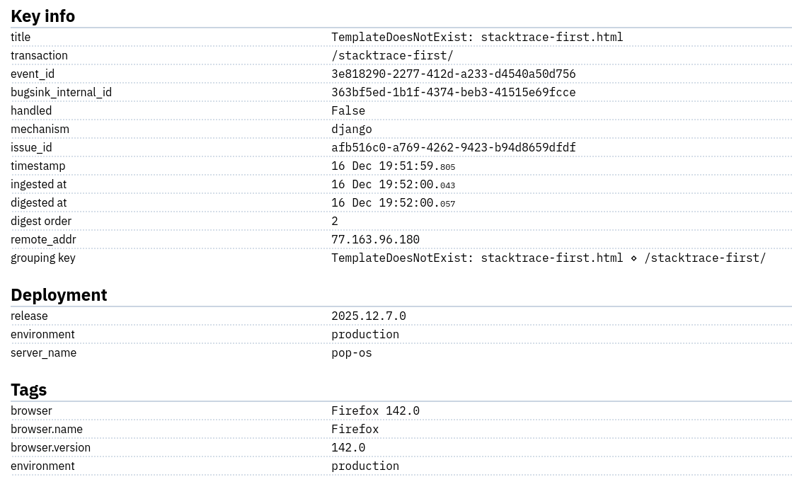 Image showing issue details in Bugsink