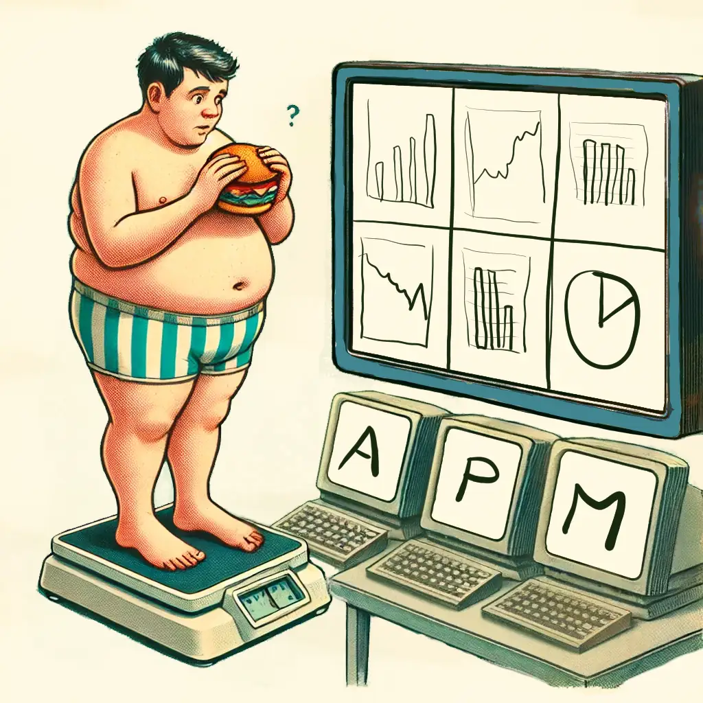 An overweight man with a hamburger in his hands on a scale, looking at measurements
