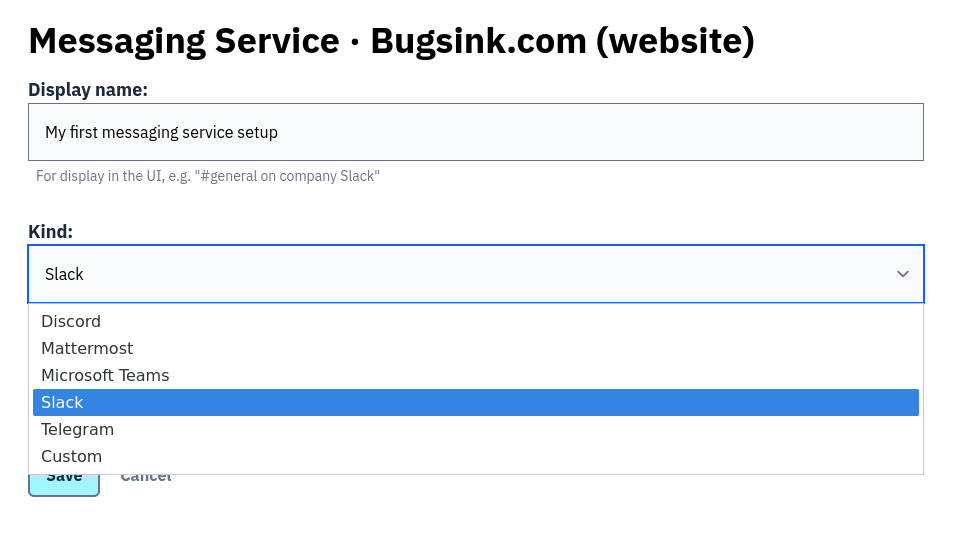Selecting an alert integration while adding a Bugsink messaging service