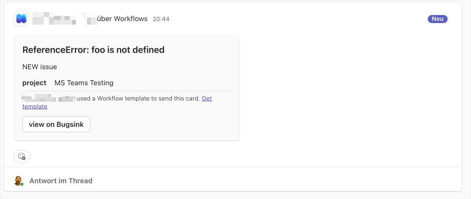 A Bugsink issue alert delivered in Microsoft Teams