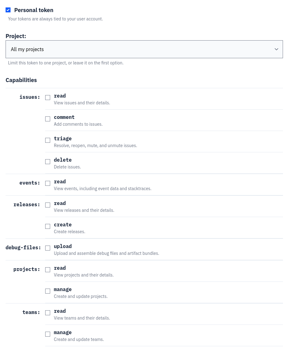 Selecting project scope and API capabilities for a personal token