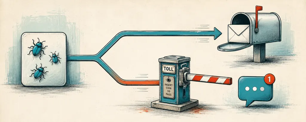 Error alerts routed freely to email while chat alerts pass through a toll gate