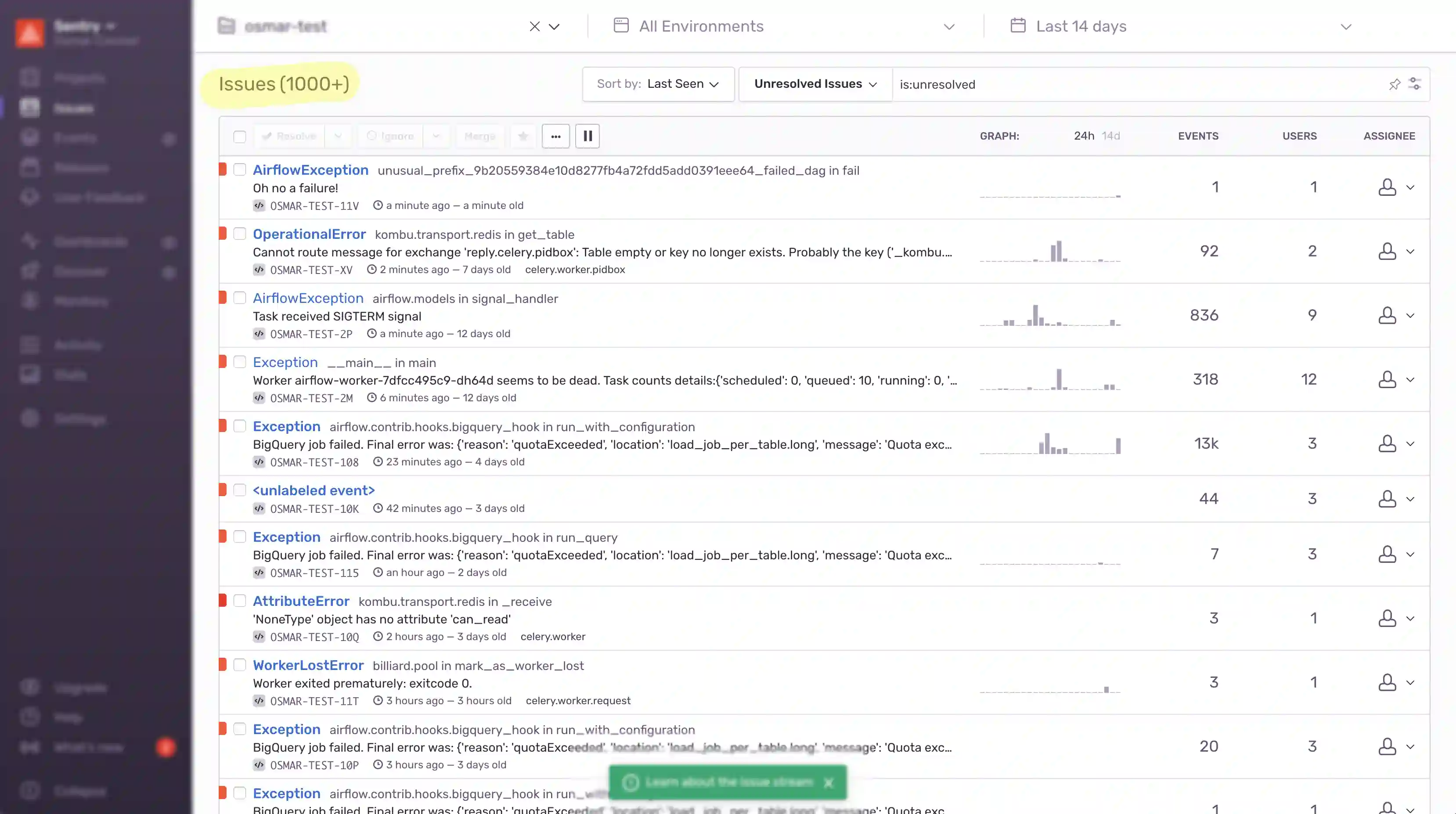Screenshot of Sentry Error List