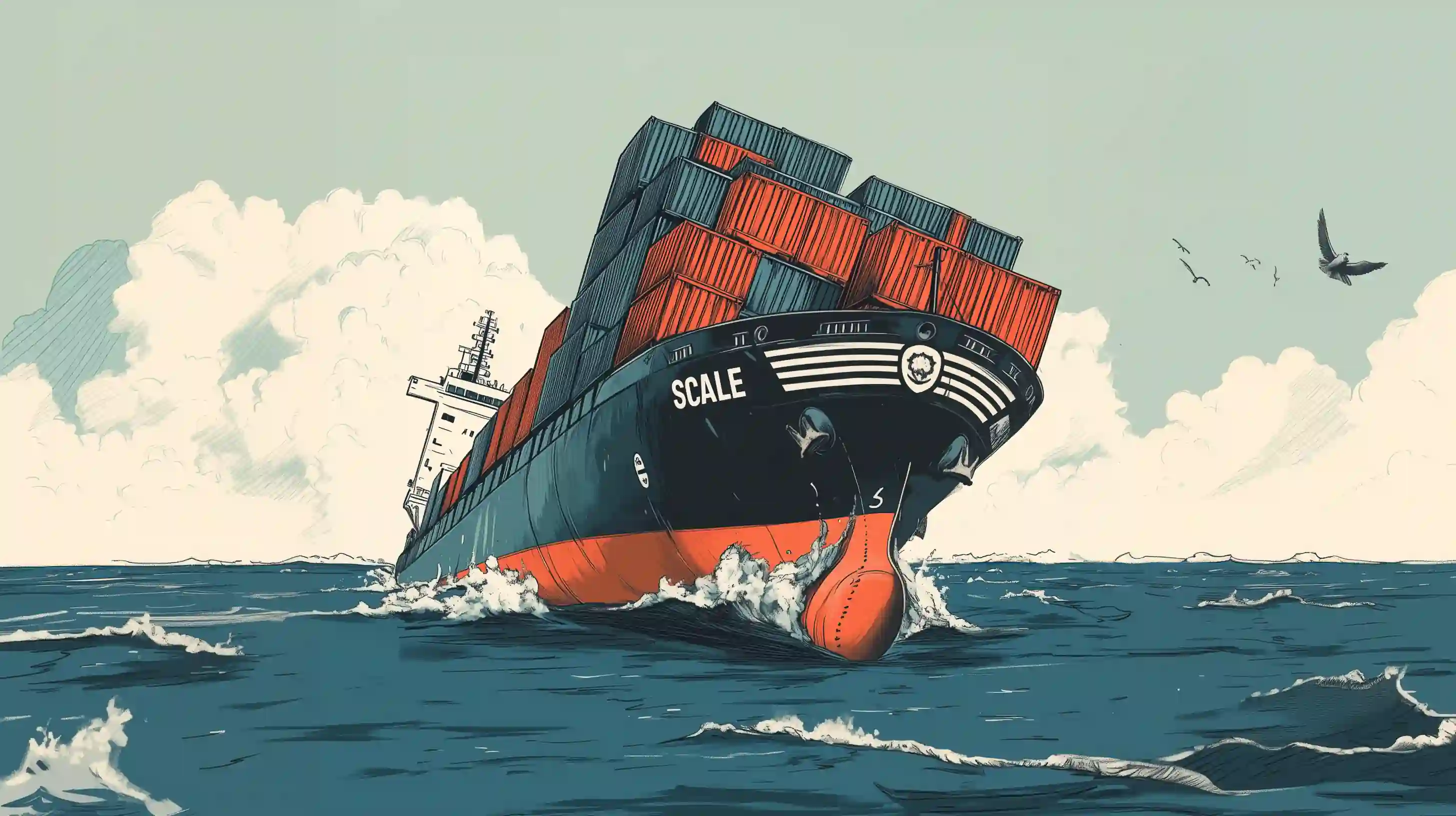 A cartoon of a sinking ship called 'scale'