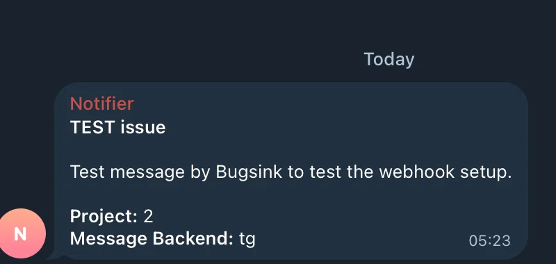 A Bugsink test alert delivered in Telegram