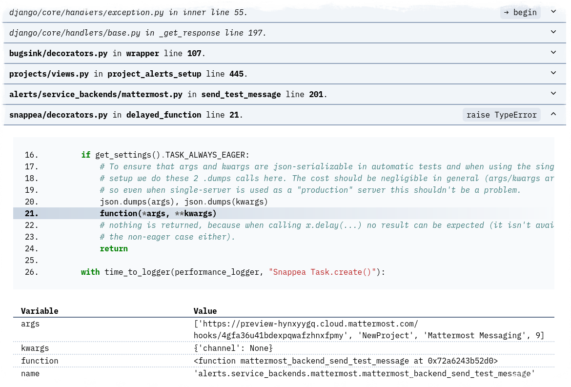 Bugsink Stacktrace Screenshot