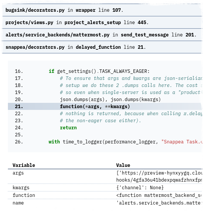 Bugsink Stacktrace Screenshot