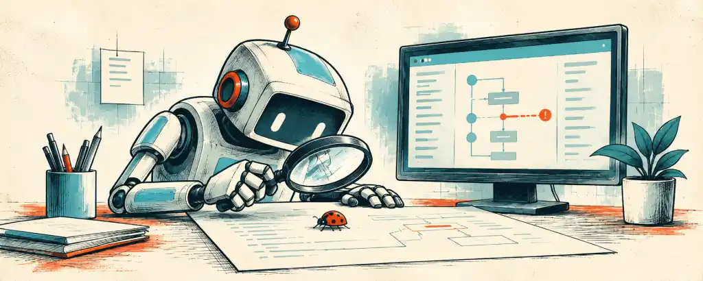 A coding-agent robot tracing a software bug back through a stack trace