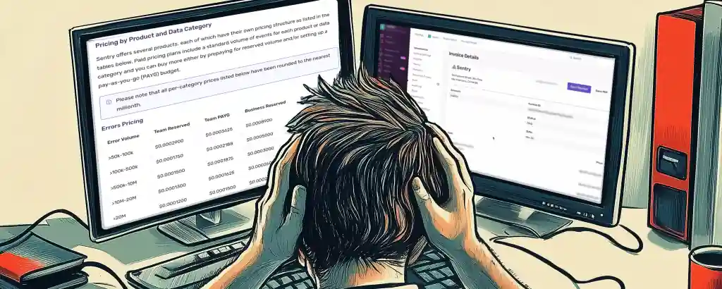 Software developer, holding his head in apparent frustration, looking at a Sentry invoice.
